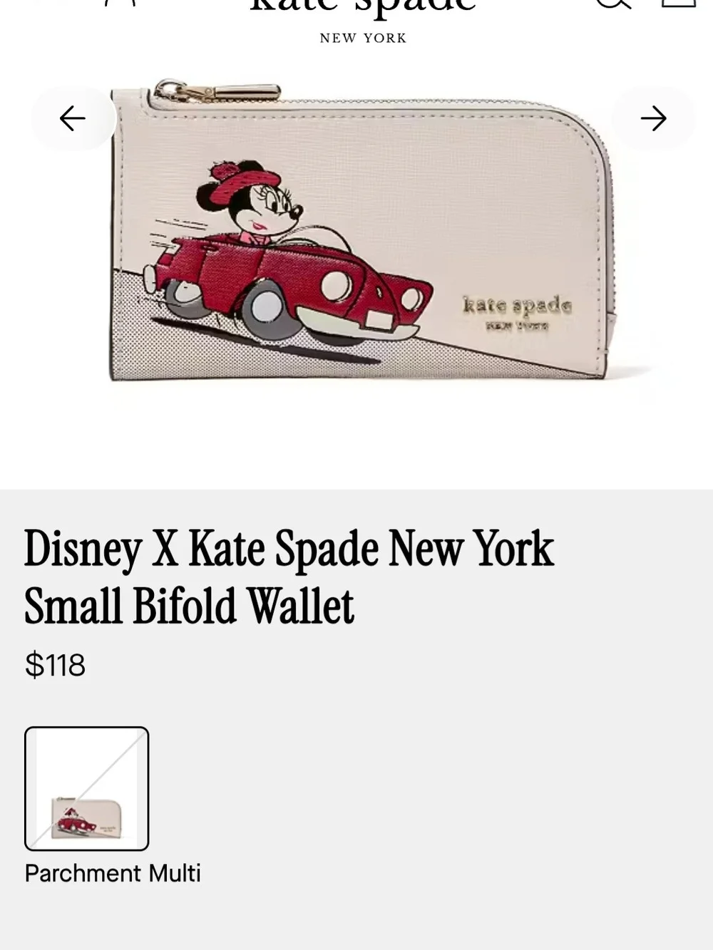 Kate Spade x Disney Minnie Car Parchment Small Bifold Wallet - Picture 1 of 9